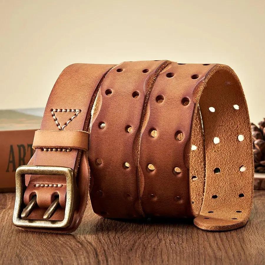 Thick Original Leather Belt Vintage Men Wide Belt Male Cowhide Real Genuine Leather Double Prong Buckle Strap Cowboy Jeans Belt