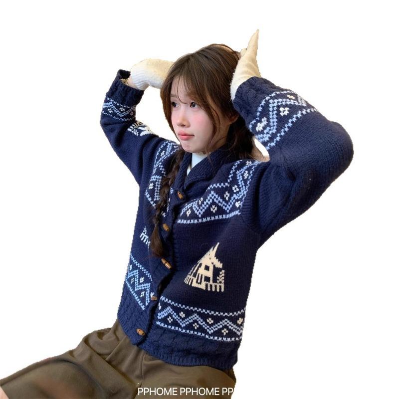 New Fair Island women's autumn clothes retro sweater horn buckle jacket autumn top women's design knitted cardigan