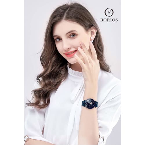 RORIOS Women's Watch with Magnetic Mesh Band, Sparkling Crystal and Starry Sky Design, Stylish Quartz Watch, Analog Watch, Blue