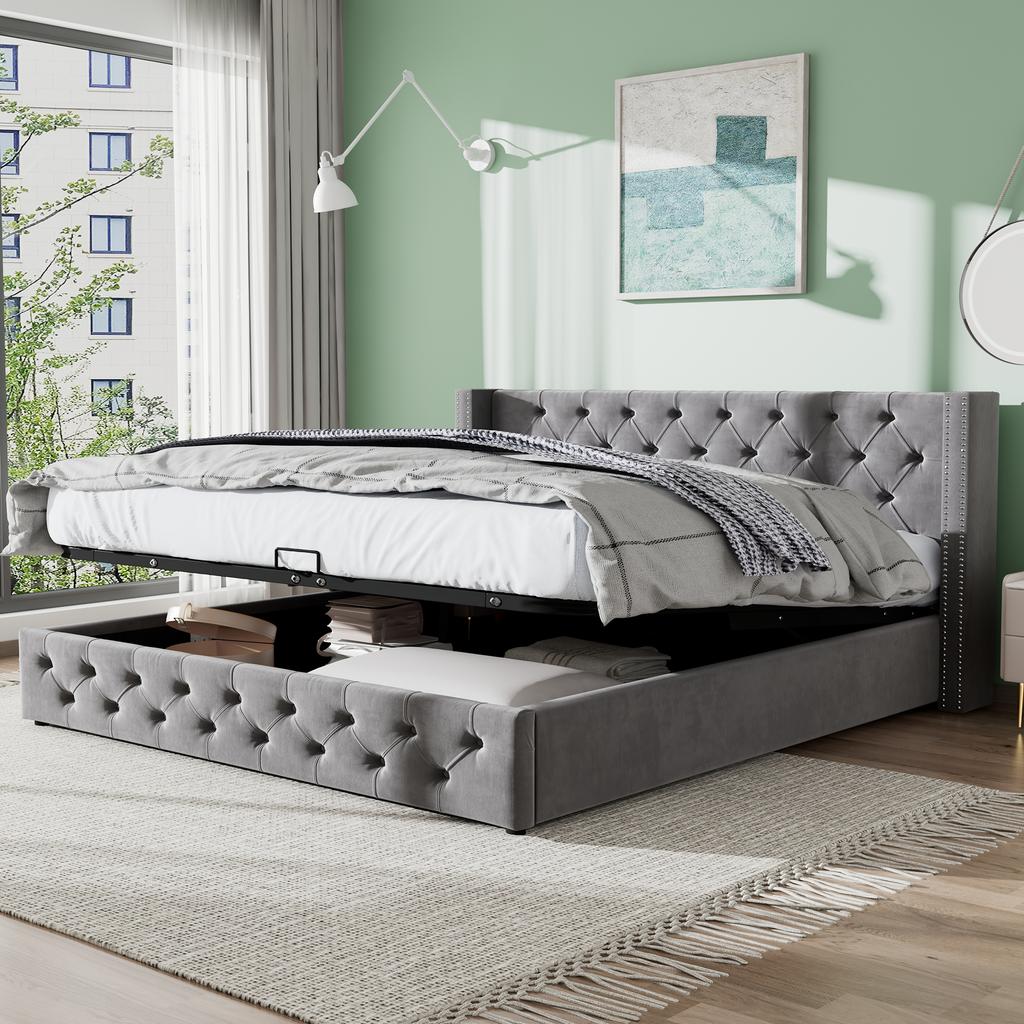 Pillow-Shaped Padded Bed, Double Row of Flannel Rivets, Sewn Buttonhole, 140*190 Double with Hydraulic Function, Black Waterproof Non-Woven Base, Grey
