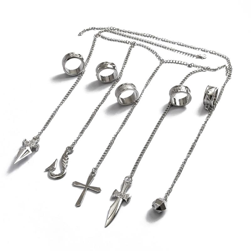 Adult Kids Kurapika Chains Bracelet Hunter Cosplay Cool Five Finger Rings Rapers Full-five Fingers Rings Fashion Jewelry