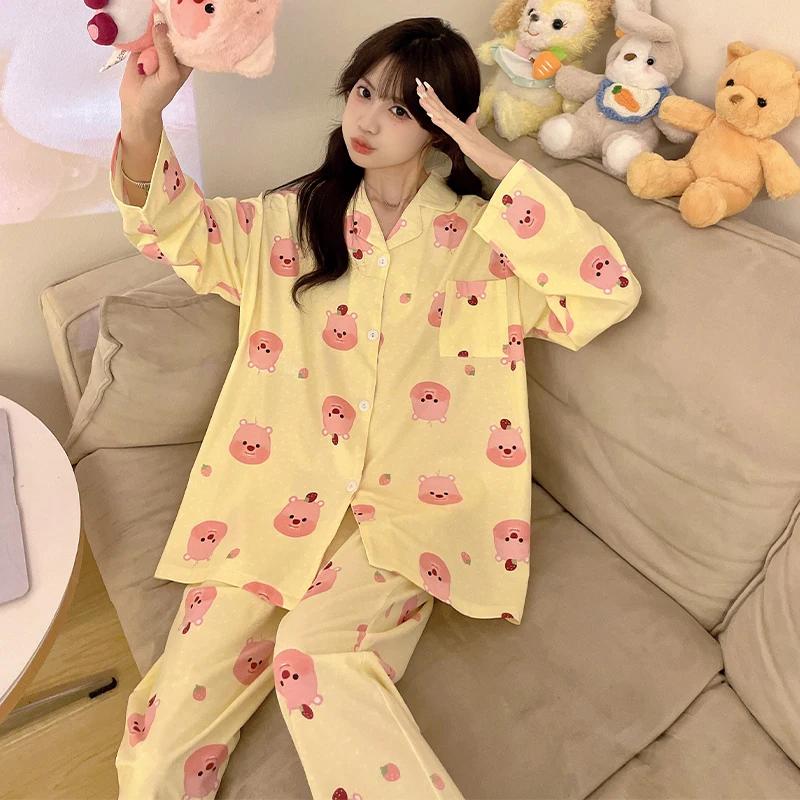 

Пижама из чистого хлопка, новый осенний костюм с длинными рукавами и лацканами, свободный кардиган, повседневная женская пижама, домашняя одежда XL жёлтый