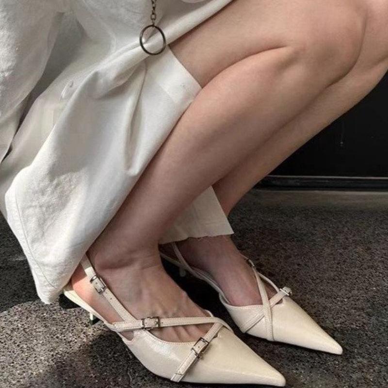 Fashion Female Buckle Strap Pumps Wine Red Footwear Women Medium Heels Shoes 2025 Fashion Shallow Pointed Toe Ladies Heels Shoes