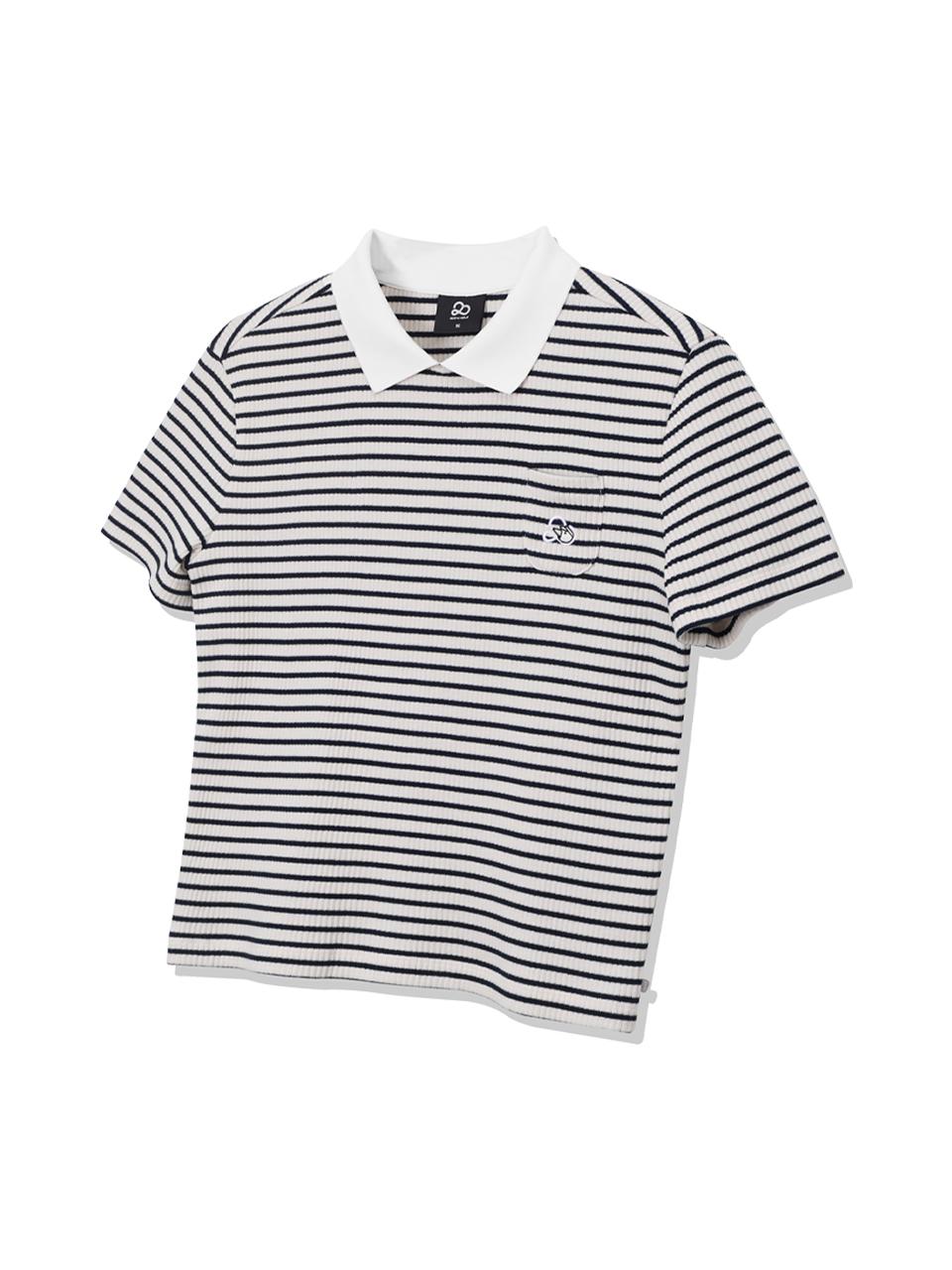 Striped Shirred Pocket Collared T-Shirt Women [Navy] Navy/85