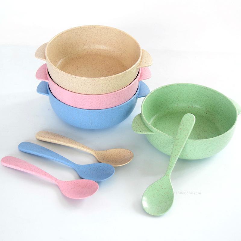 2pcs/set Wheat Straw Bowl with Spoon Lightweight Reusable Dessert and Salad Bowl Durable Breakfast Soup Bowl Children's Bowls