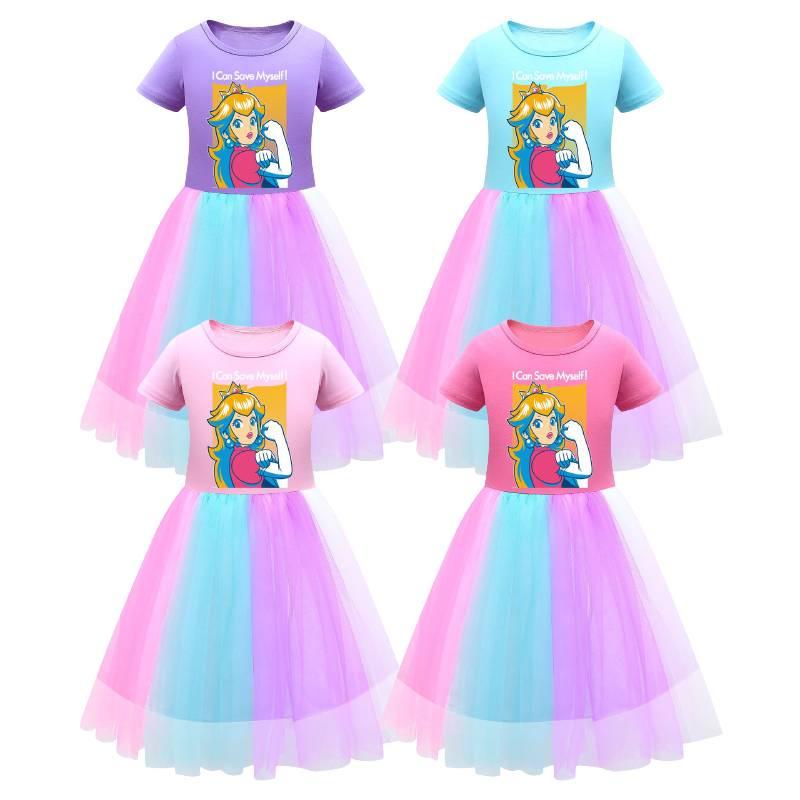 Sukienka dla dziewczynki Super Mario Princess Peach z tęczową koronką w kolorze fioletowym, czerwonym i różowym