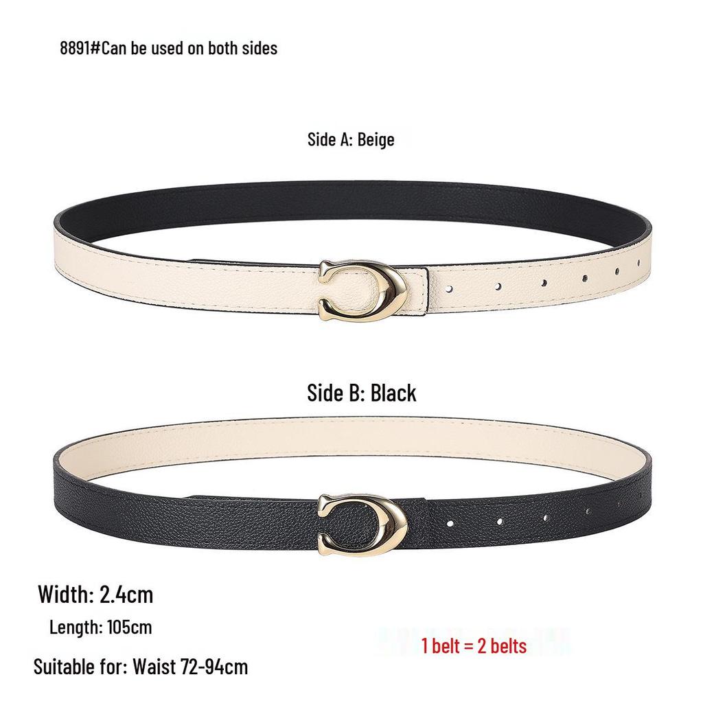 Smooth Buckle Black Lychee Grain Dual-Use Women's Leather Belt