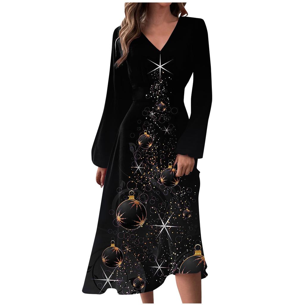 Women's Autumn And Winter Casual Fashion V-neck Long Sleeve Christmas Tree Print Long Dress