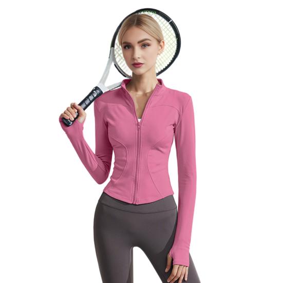 Women Long Sleeve Workout Tops Quick Dry Full Zip Crop Yoga Athletic Slim Fit Shirts Yoga Sportwear with Thumb Holes for Running Gym Aerobics Yoga