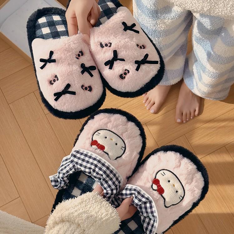 Cute Kitty Bow Slippers: Women's Non-Slip Comfortable Cotton Indoor Shoes for Autumn and Winter