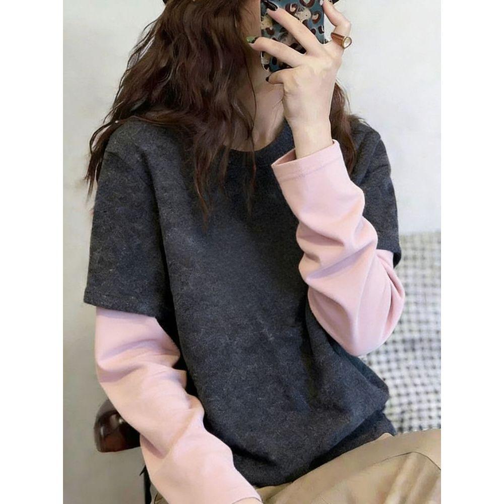 Women's Color Block Patchwork Fleece Long Sleeve T-Shirt - Spring, Autumn, Winter Versatile Slimming Base Layer Top