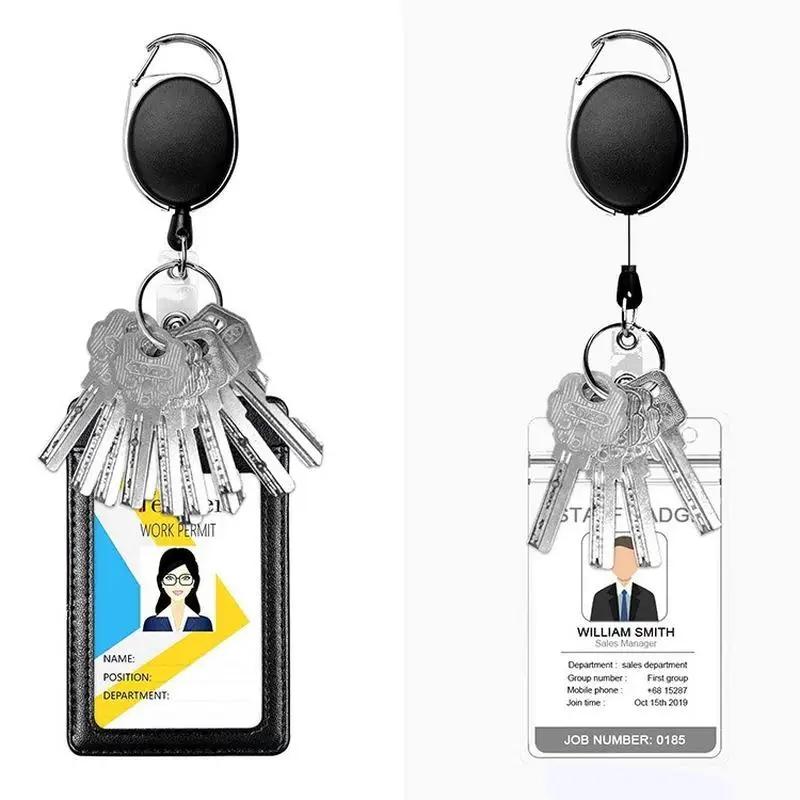 Women Men Black Card Wallet Retractable Key Chain Lanyard for Keys ID Card PU Leather Bus Pass Card Case Cover Badge Holder