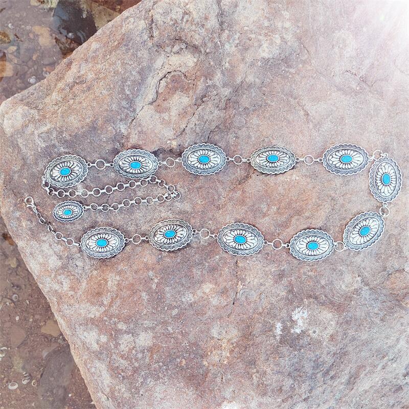 Vintage Turquoise-Inlaid Metal Waist Chain for Dresses & Jeans - European & American Niche Fashion