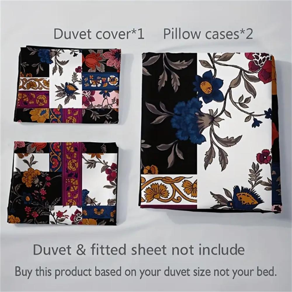 Floral Patchwork Duvet Cover Set 3PCS - 100% Polyester Breathable Bedding, Digital Print, Machine Washable, No Insert Included