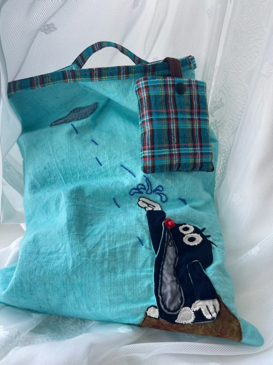 

Japanese Embroidery Raindrop Cloud Mole Handbag Women Blue Large Capacity Canvas Purse Ladies Harajuku Cartoon Cute Shopping Bag синий