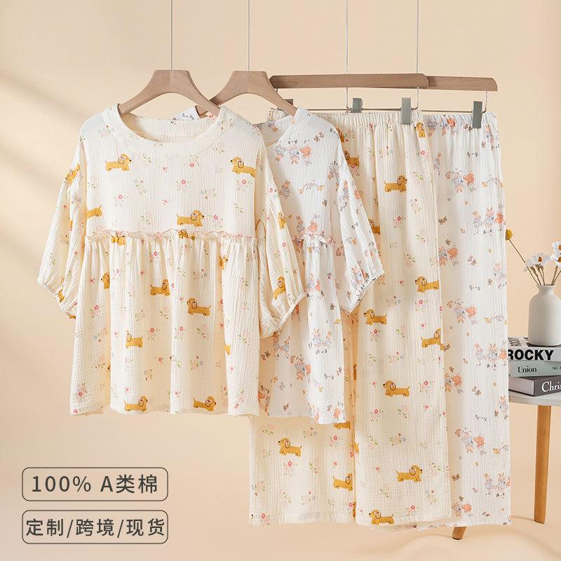 Crew neck pajamas cotton double-layer crepe five-quarter sleeves women's summer and autumn thin trousers cartoon pajamas loose and