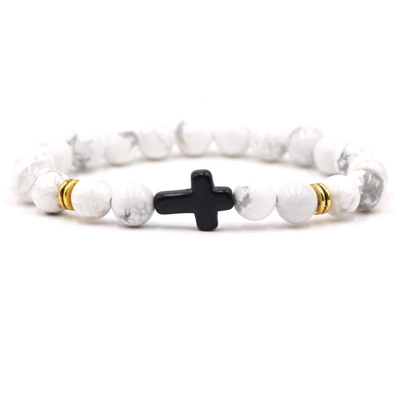 

Шарм Браслет з натурального каменю Хрест Чорна лава Матові браслети з бісеру ручної роботи Чоловіки Жінки Молитва Фітнес Ланцюжок Подарунок для пари Ювелірні вироби