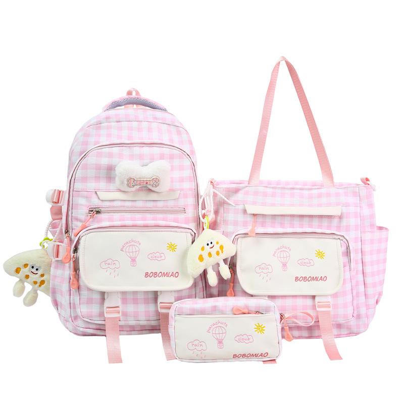 Schoolbag High Value Schoolbag Junior High School Girls High School Students Cute Small Fresh Plaid Backpack Large Capacity Three-piece Backpack