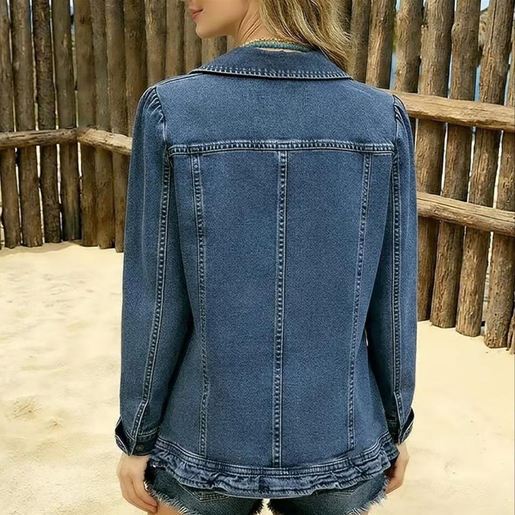 Chaqueta vaquera de doble botonadura para mujer con bajo fruncido para uso casual