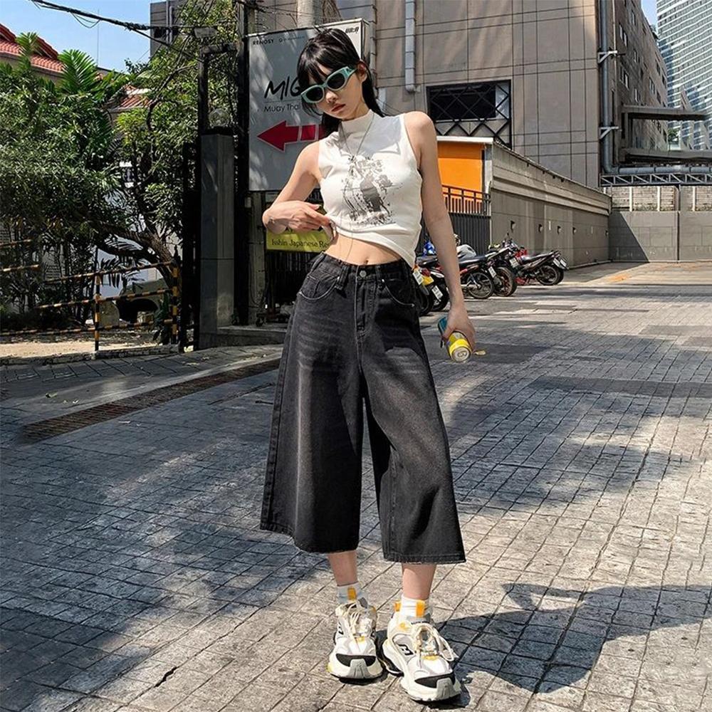 Jeans larghi da donna stile americano vintage estivi Y2k larghi lavati vita alta lunghezza al ginocchio pantaloni in denim streetwear pantaloncini a gamba larga