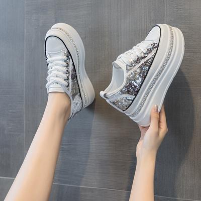 Inner Height-increasing Little White Shoes Summer New Fashionable Versatile Platform Sequins Small Plate Women's Shoes