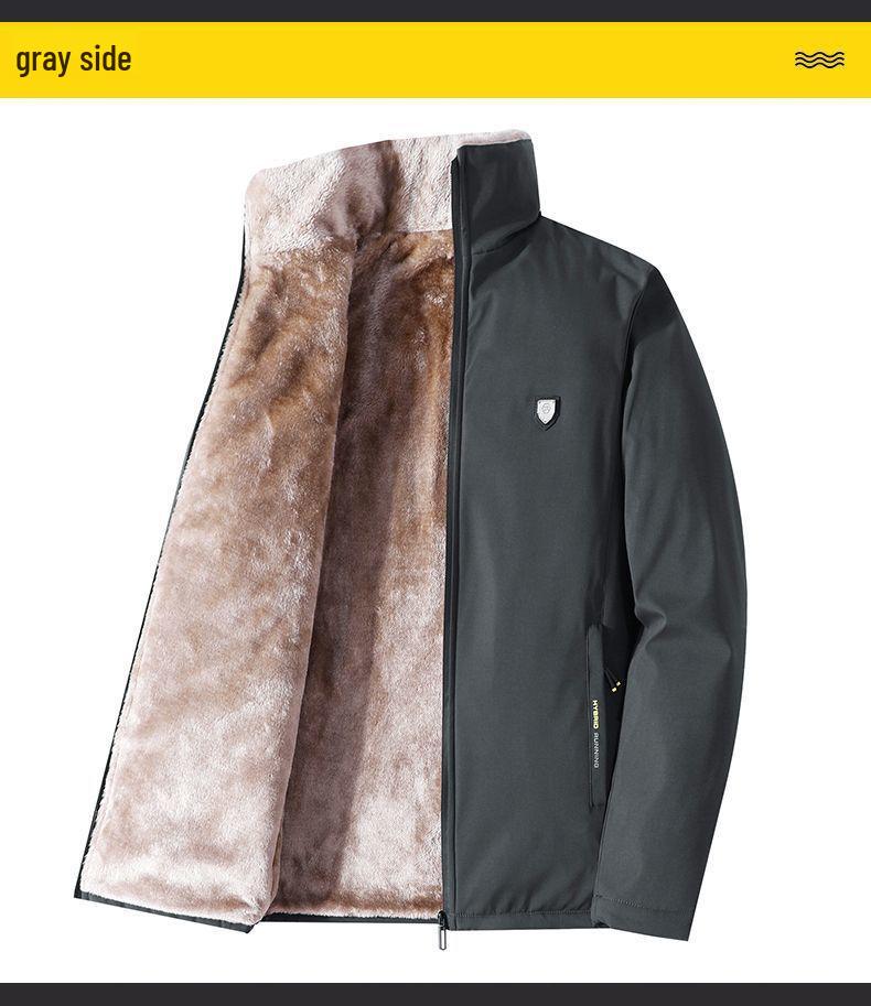 Pánská zimní bavlněná bunda - Středního věku a starší, Korejský styl, Teplá, S plyšovou podšívkou, Zesílená, Nadměrná velikost, Ležérní otcovský kabát