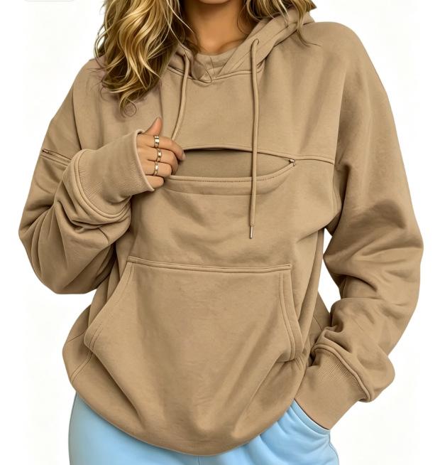 Herbst- und Winter-Thermohemd für Herren und Damen mit Kapuze, Fleece, Langarm, Große Tasche, Pullover