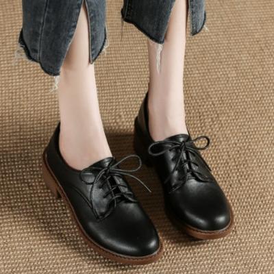 Fashion 2025 Solid Color Office Shoes Lace Up Round Toe Soft Bottom Thick Heels Leisure Pumps Leather Comfortable Mid Heels Women Shoes