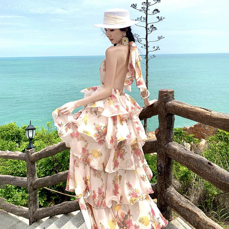Chiffon Printed Lotus Leaf Edge Pendulum Dress Long Backless Super Fairy Vacation Dress Real Shot