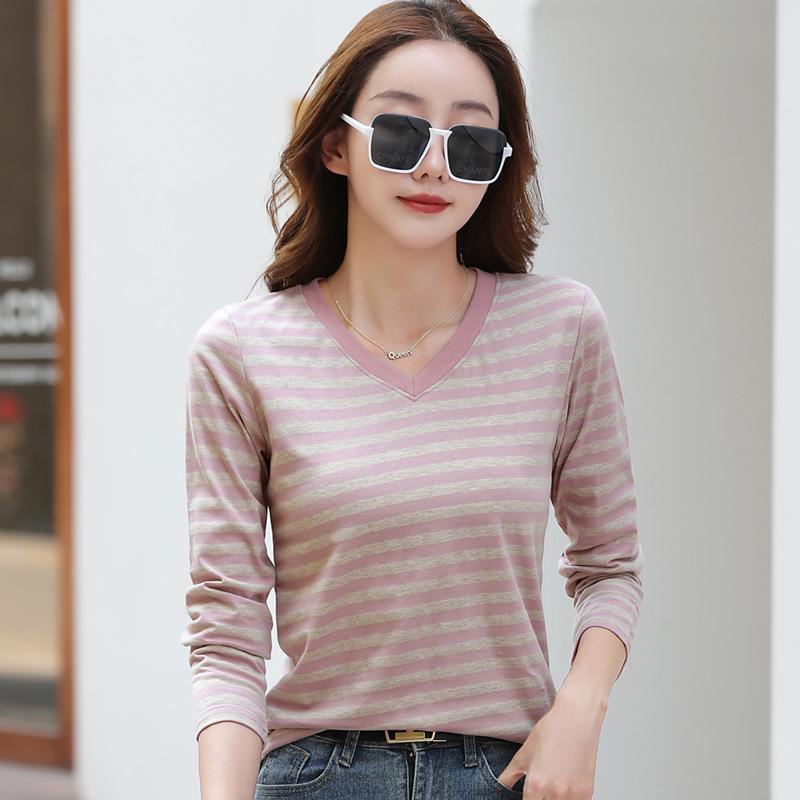Women's Striped V-neck Long-sleeve Stretchy Casual T-shirt