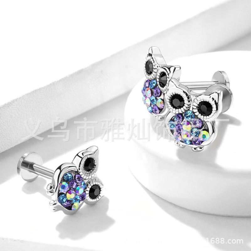 

Internally Threaded Earrings Big Eyes Cute Colored Diamond Owl Stainless Steel Earrings 8mm