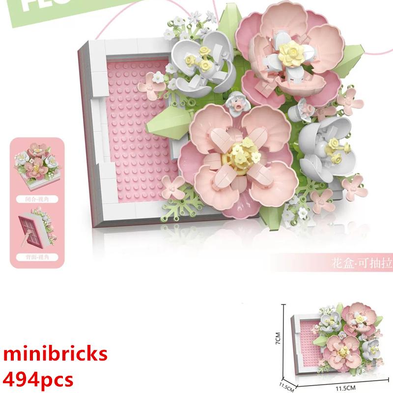 DIY 3D Famous Rose Hibiscus Eternal Immortal Flowers Painting Frame Art Easel Exhibition Building Blocks Model Bricks Sets Toy