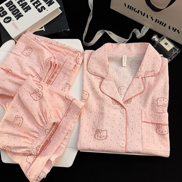 Polka Dot KT Cloud Cotton Pajamas Women's Three-piece Summer Short-sleeved Shorts Trousers Cardigan Student Large-size Loungewear