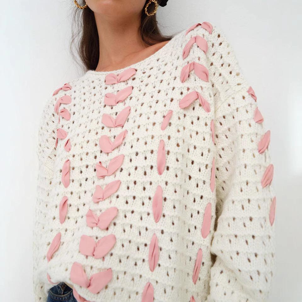 Autumn and Winter Women's Personalised Design Sense Round Neck Ribbon Temperament Sweet and Versatile Sweater