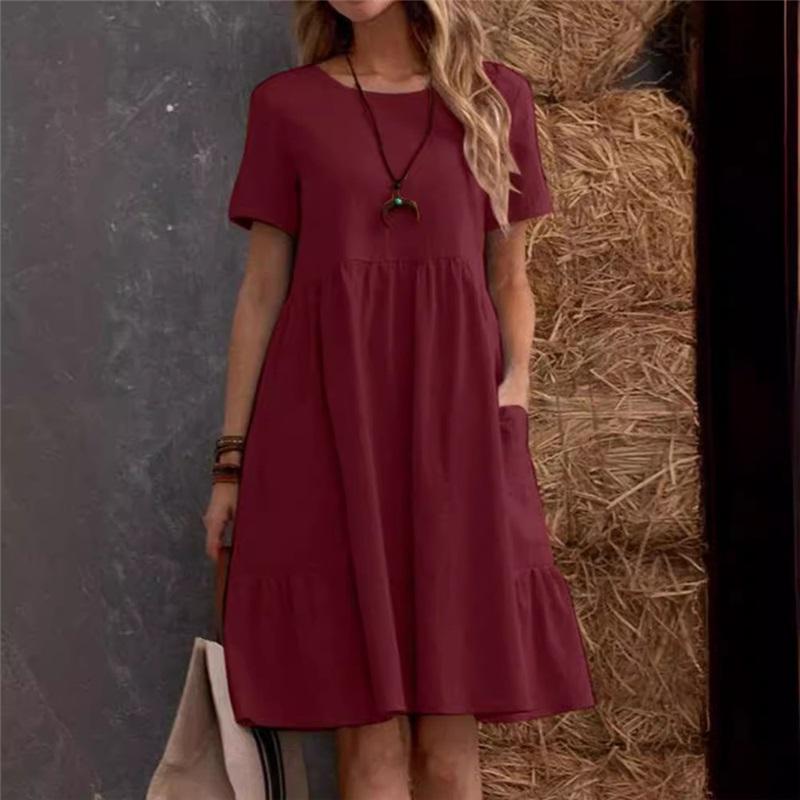 Summer European And American Ladies Loose Pockets Solid Color Round Neck Women's Cotton And Linen Dress Loose Casual Simple Elegant Daily Long Skirt