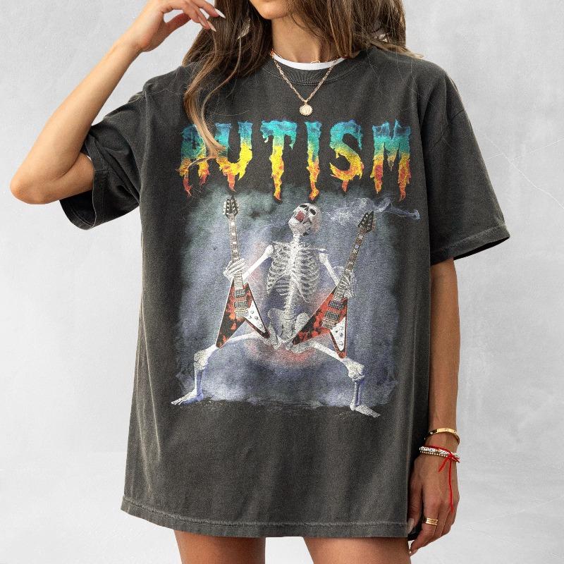 Autistic Skeleton Guitarist T-Shirt: Edgy Humor, Funny Gift Summer Men s and Women s Loose and Breathable T-shirt Top S разноцветный