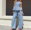 Dames mouwloos peplum kersen geborduurd denim tweedelig set losse pasvorm rechte pijp lange broek streetwear casual outfit