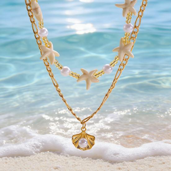 Colar Estrela-do-Mar Bohemia Pérola Falsa Leve Hipoalergênico Feminino Pingente de Concha Corrente Dourada Colar Joia de Pescoço Praia Oceânica