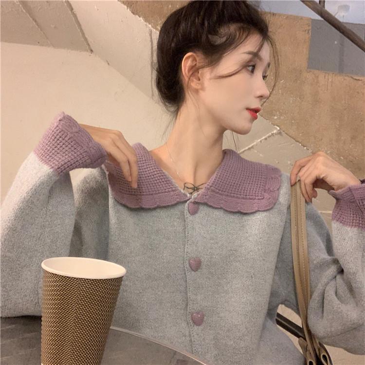 2025 Color Block Red Peter Pan Collar Knit Cardigan for Women