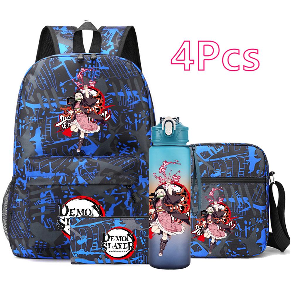 4 Pezzi/set Zaino Stampato Anime Demon Slayer Grande Capacità Borsa per Libri Borsa a Spalla Custodia per Borsa con Borraccia da 750ml Ragazzo Ragazza Zaino Impermeabile
