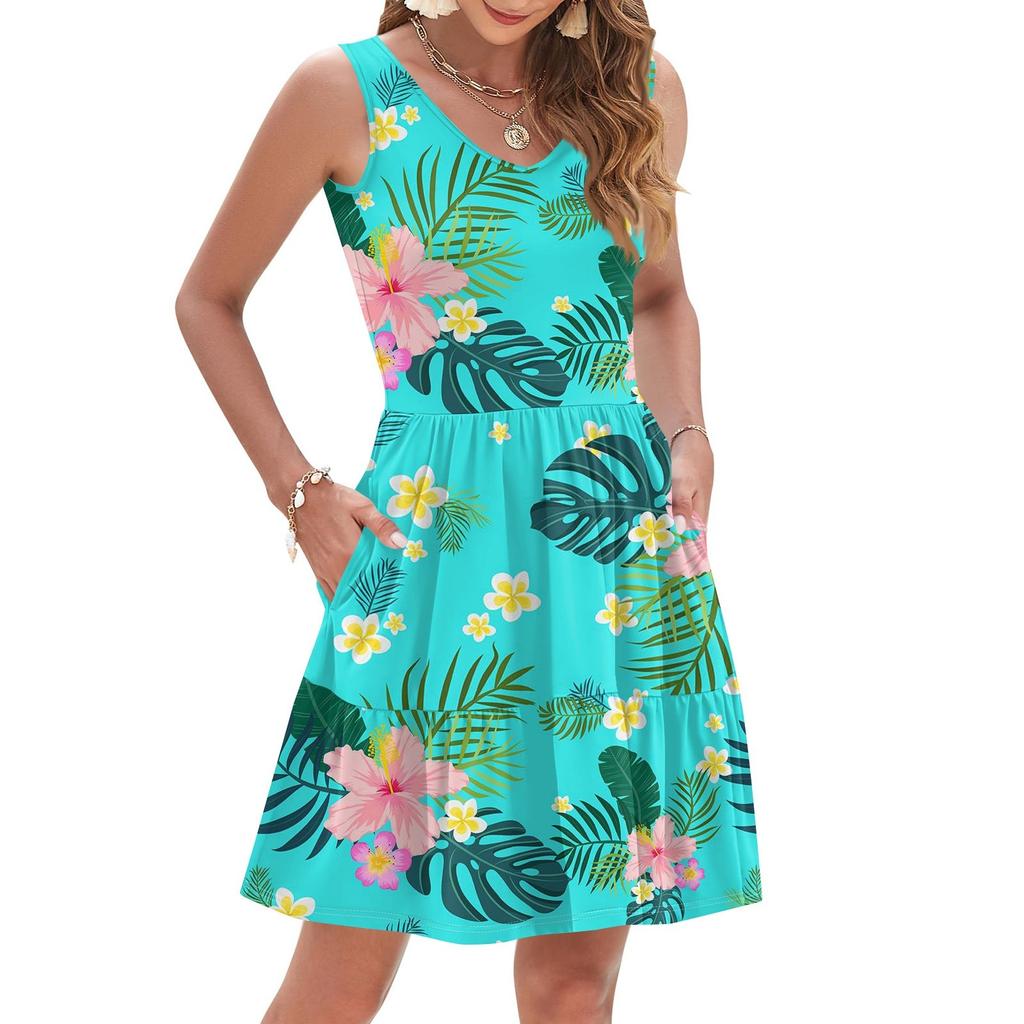 Women's Summer Fashion Casual V-Neck Pleated Stitching Hawaiian Floral Print Sleeveless Pocket Vest Dress