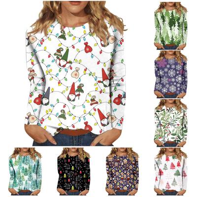 Damenmode, lässig, langärmelig, Weihnachtsdruck, Rundhalspullover, Top-Bluse