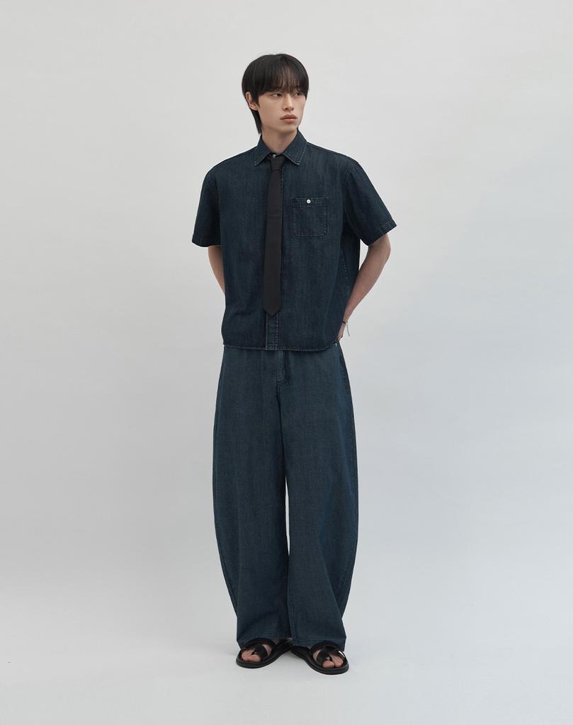 WORK ON BODY OFF Tenu Semi-Overfit Denim Short Sleeve Shirt [Blue]