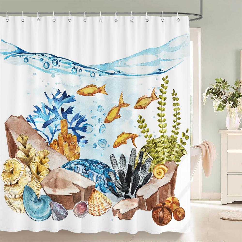 Dolphin Shower Curtain Blue Underwater World Marine Life Polyester Fabric Kids Ocean Theme Bathroom Decor Set With 12 Hooks