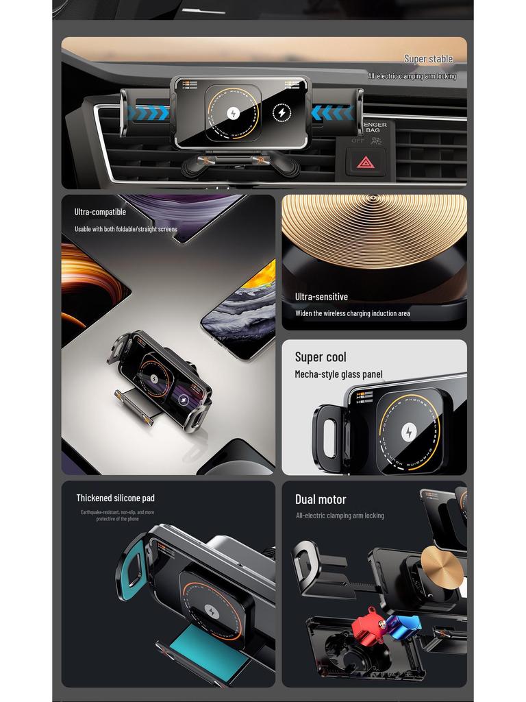 Universal Foldable Car Vent Phone Holder with Electric Rotation and Wireless Charging