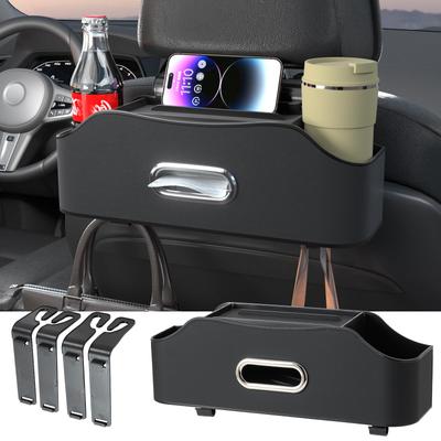 Sancaral Multifunctional Drink Holder for Rear Seats Tissue Box and Headrest Cup Holder Storage Car Interior Storage Item (with Hook), Box, (Black)