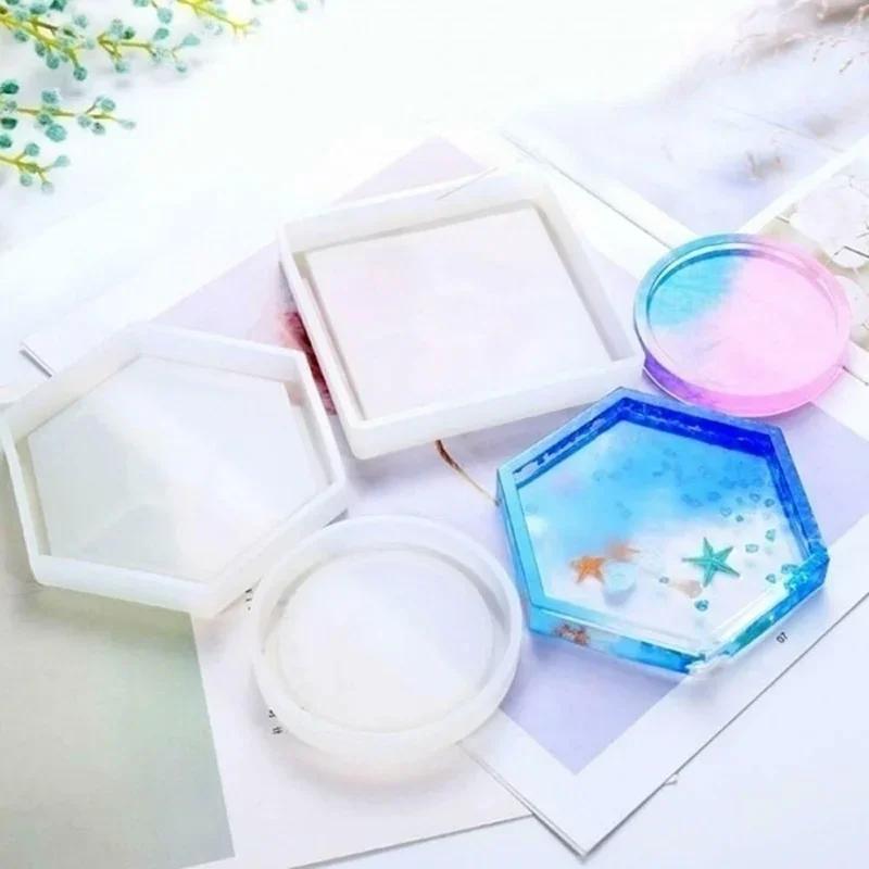5Pcs Handmade Mirror Silicone Coaster Molds Hexagonal Square Base Mold Kit Resin Key Zone Square Epoxy Casting Mold Home Supplis
