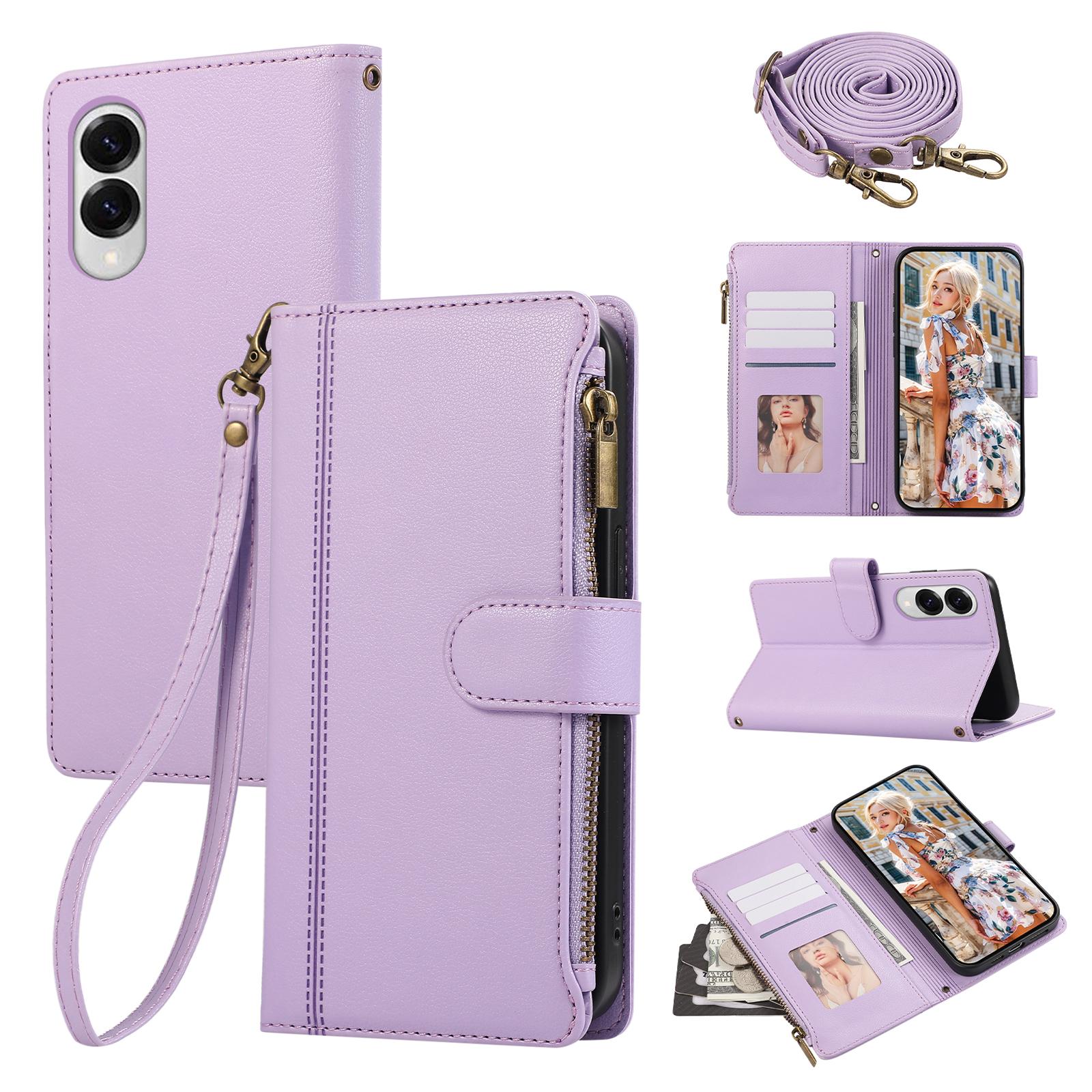 

For Samsung Galaxy S25 Edge Case Multi Card Slots Zipper Leather Phone Cover with Shoulder Strap/Wrist Strap Purple