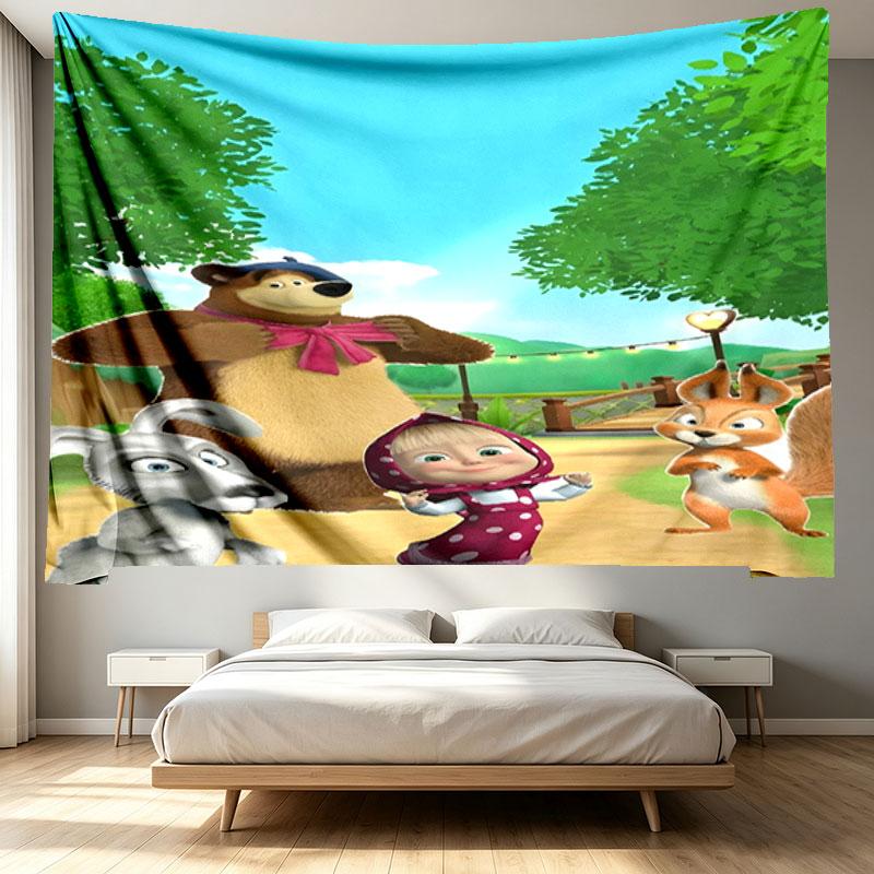 Masha and The Bear Print Tapestry - Portable Wall Decor Cloth, for Home, Dorm, Travel, Bedroom, Living Room - Ideal Birthday Housewarming Gift