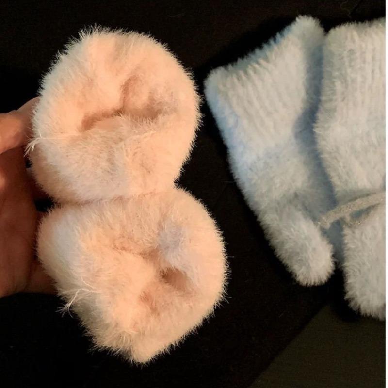 Korean Cute Blue Bow Knit Plush Gloves Women Winter Thick Fleece Warm Cold Proof Finger Gloves Fluffy Soft Comfortable Windproof